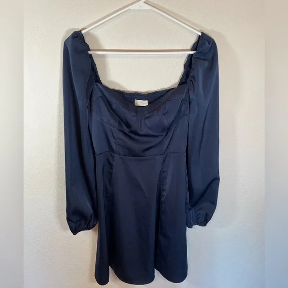 Altar’d State Navy Blue Silky Long Sleeve Mini Dress - Picture 2 of 7